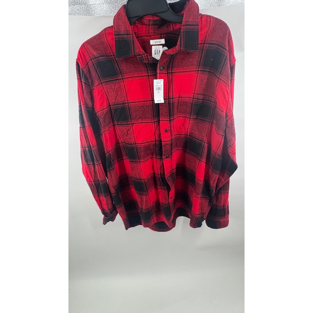 Gap Mens Untucked Flannel Shirt Red Black Plaid Long Sleeve Button Down XL NEW
